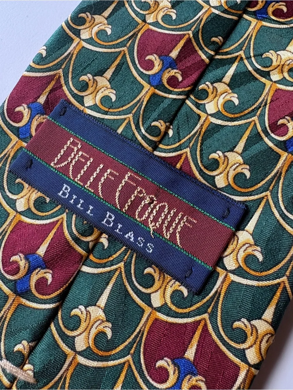 Bill Blass Belle Epoque Silk Tie Green Burgundy Gold Fleur de Lis Vintage